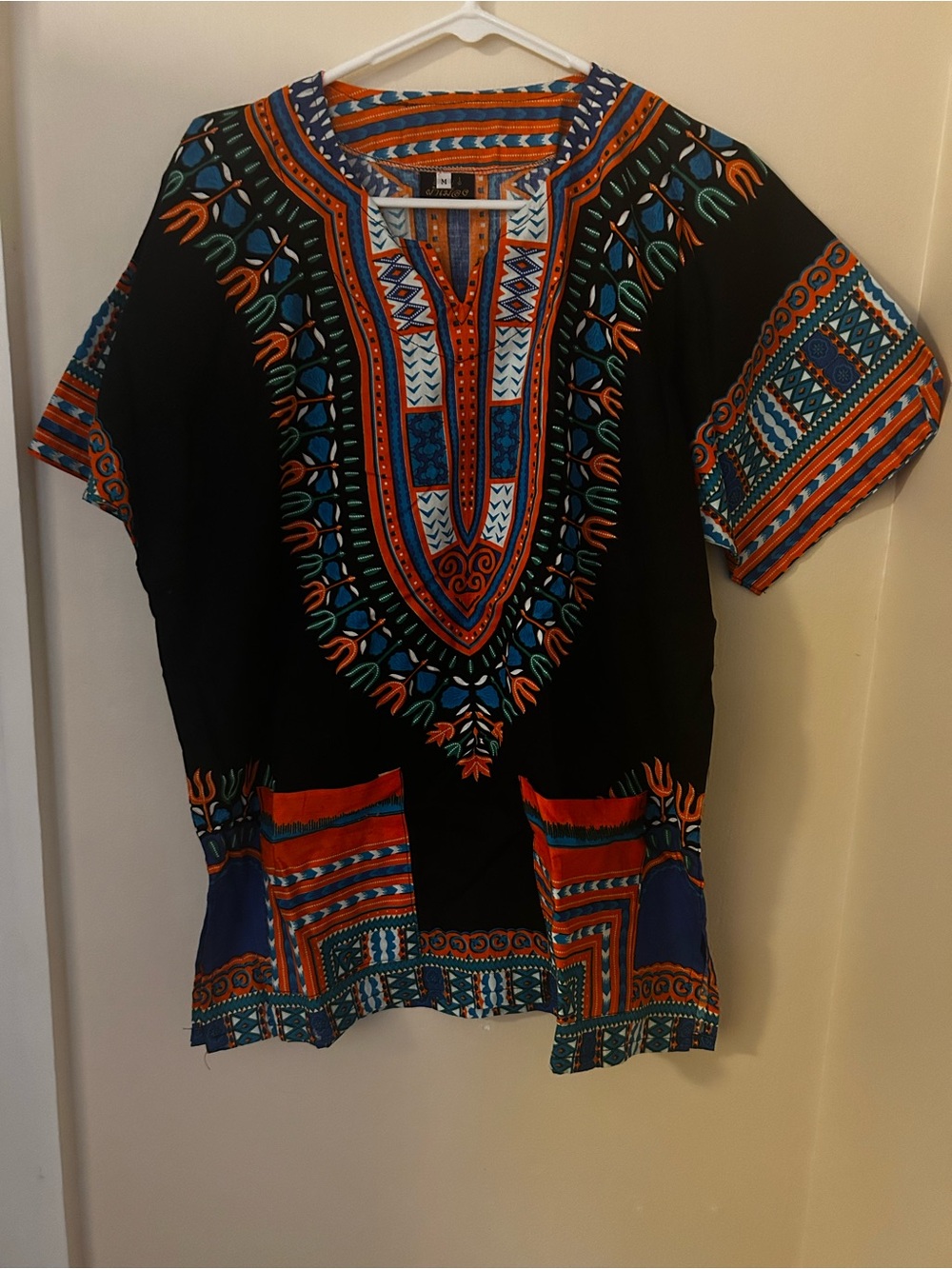Men's Black Dashiki Tank Top with Orange & Blue Tribal Print